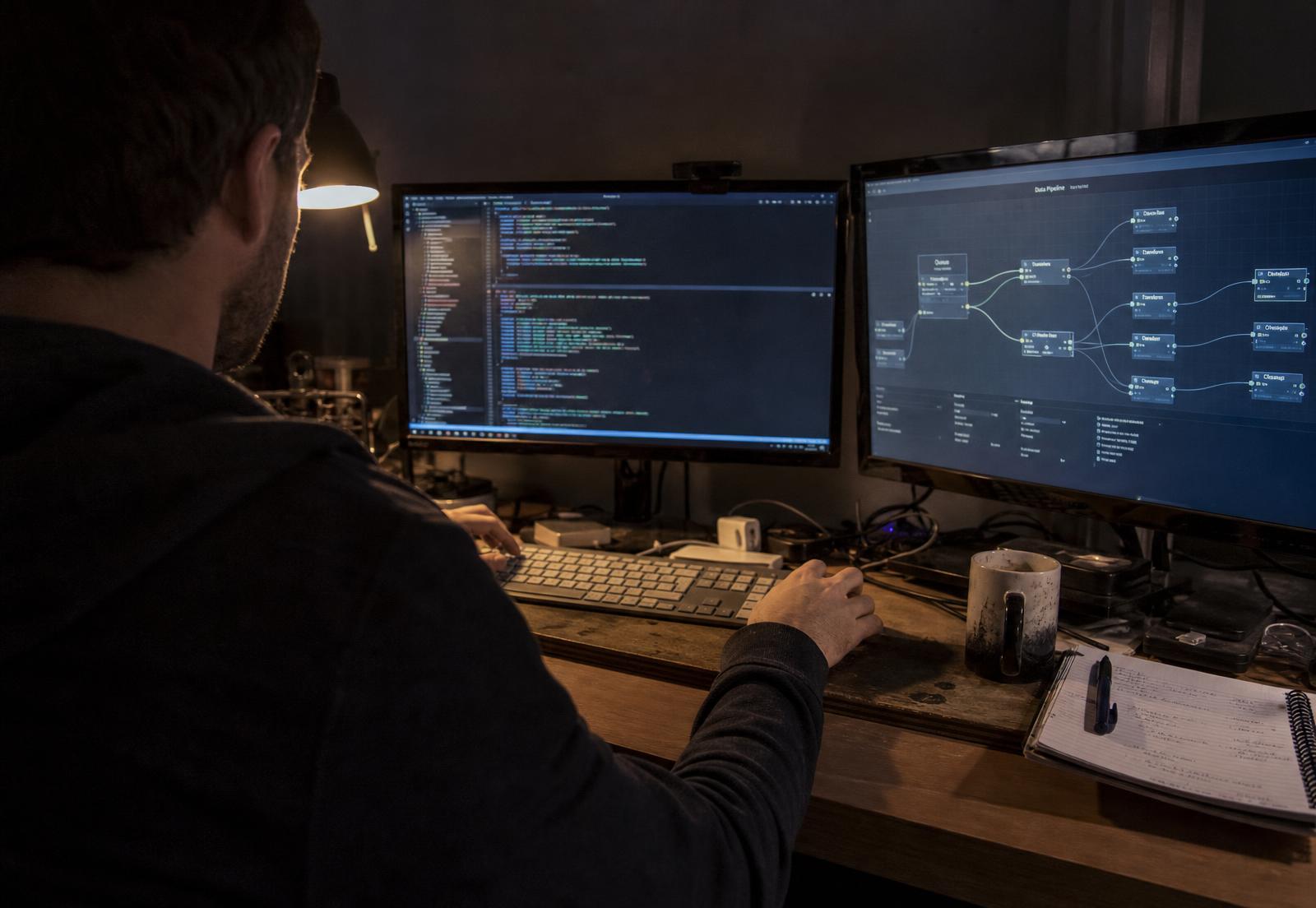 Developer building a data pipeline across two monitors in the evening