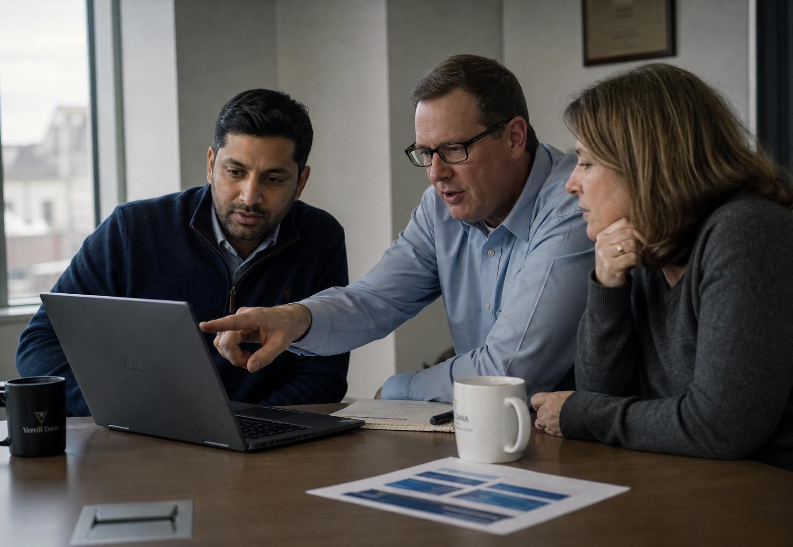 Engineer walking two clients through a live analytics dashboard
