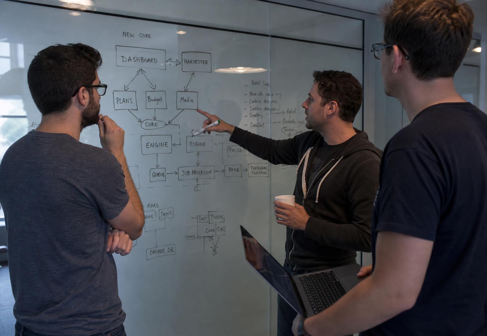 Engineers reviewing a system architecture diagram together